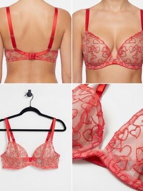 Savage X Fenty Red Heart-Embroidered Sheer Underwire Bra